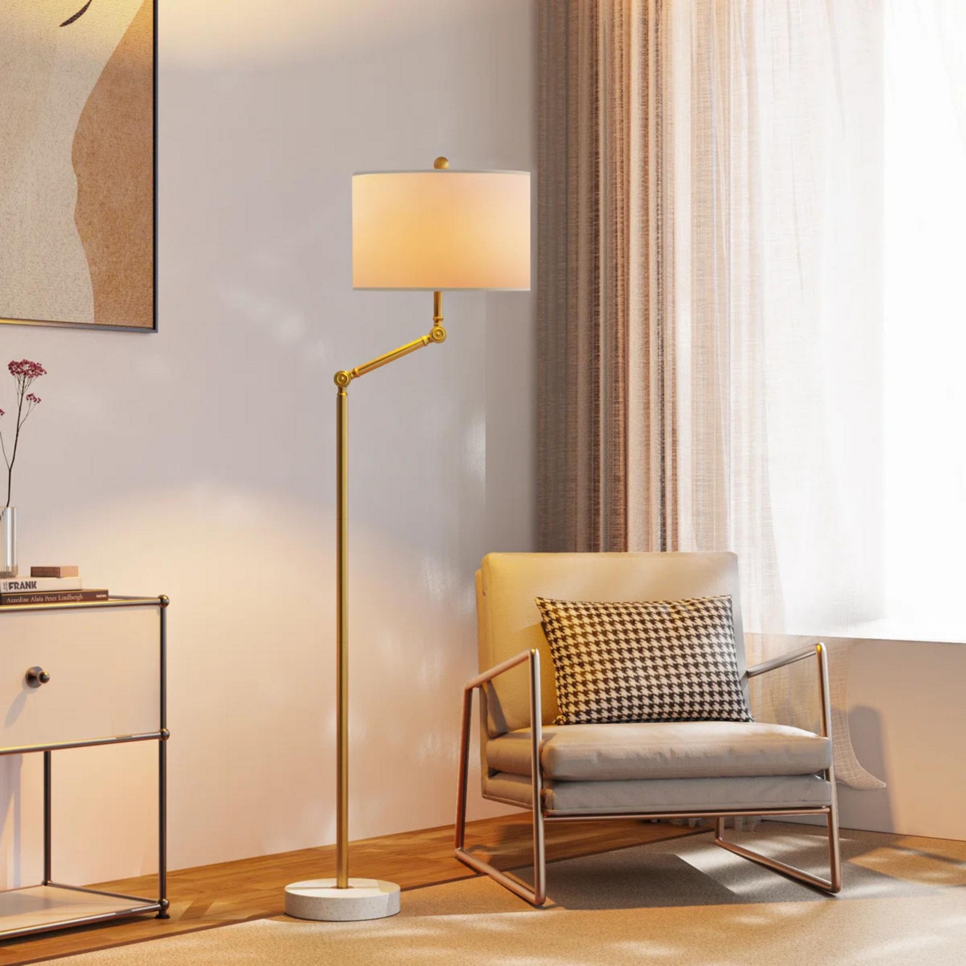 64" Standing Floor Lamp with Rotatable Lampposts, 3 Way Dimmable Modern Floor Lamp with White Fabric Shade, Marble Base for Study Room, Living Room