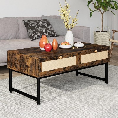 Rattan Coffee Table with 2 Drawer 45.6'' Wood Coffee Table with Storage Boho Dining Table with Rattan Drawer Accent Center Sofa Table