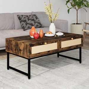 Rattan Coffee Table with 2 Drawer 45.6'' Wood Coffee Table with Storage Boho Dining Table with Rattan Drawer Accent Center Sofa Table - 1 of 4