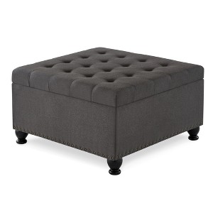 VYNXARIA Ottomans and Benches - 30"x30"x18" Dark Grey Square Storage Ottoman with Button Tufting and Nail Trim - 1 of 4