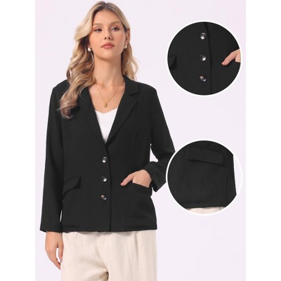 INSPIRE CHIC Women's Linen Notched Collar Long Sleeve Lightweight Business Casual Blazers Medium Black — фото 2