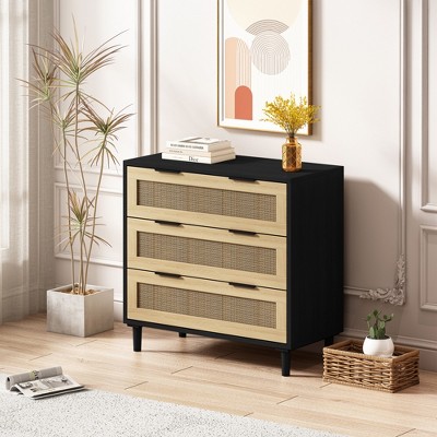 RISOKEYS 3 Drawer Dresser for Bedroom, Wooden Rattan Dresser Chest of Drawers, for Bedroom,Living Room,Dining Room,Hallways