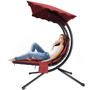 Outdoor Hanging Curved Steel Chaise Lounge Chair Curved Steel Hammock Lounger Chairs Swing with Pillow and Removable Canopy - 1 of 4