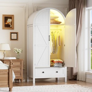 PAKASEPT 70.9‘’ Arched Wooden Armoire Wardrobe Closet with Drawers and Fluted Doors, with Light & Shelves and Hanging Rod, White - 1 of 4