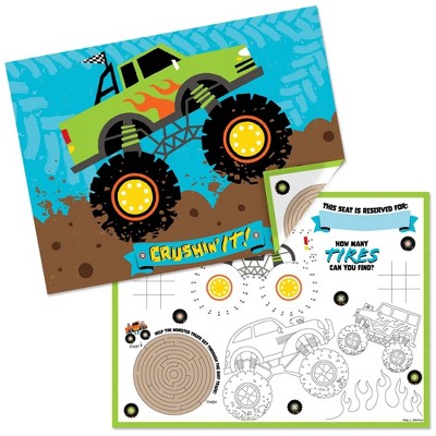 Big Dot of Happiness Smash and Crash - Monster Truck - Paper Boy Birthday Party Coloring Sheets - Activity Placemats - Set of 16