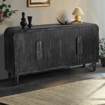 VYNXARIA 59inch Farmhouse Curved Vintage Storage Sideboard with Large Wooden Handles,Vertical Wood Grain Carving and Adjustable Shelves