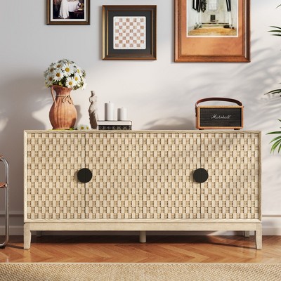 Buffet Cabinet with Storage, Distressed Storage Cabinet with 4 Carved Doors and Adjustable Shelf