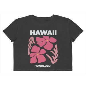 Rerun Island Women's Hawaii Hibiscus Pink Short Sleeve Graphic Cotton Cropped Loose T-shirt - Caviar M - 1 of 4