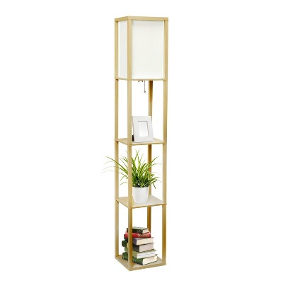 Tan Multifunctional Floor Lamp with Linen Shade and Storage Shelves