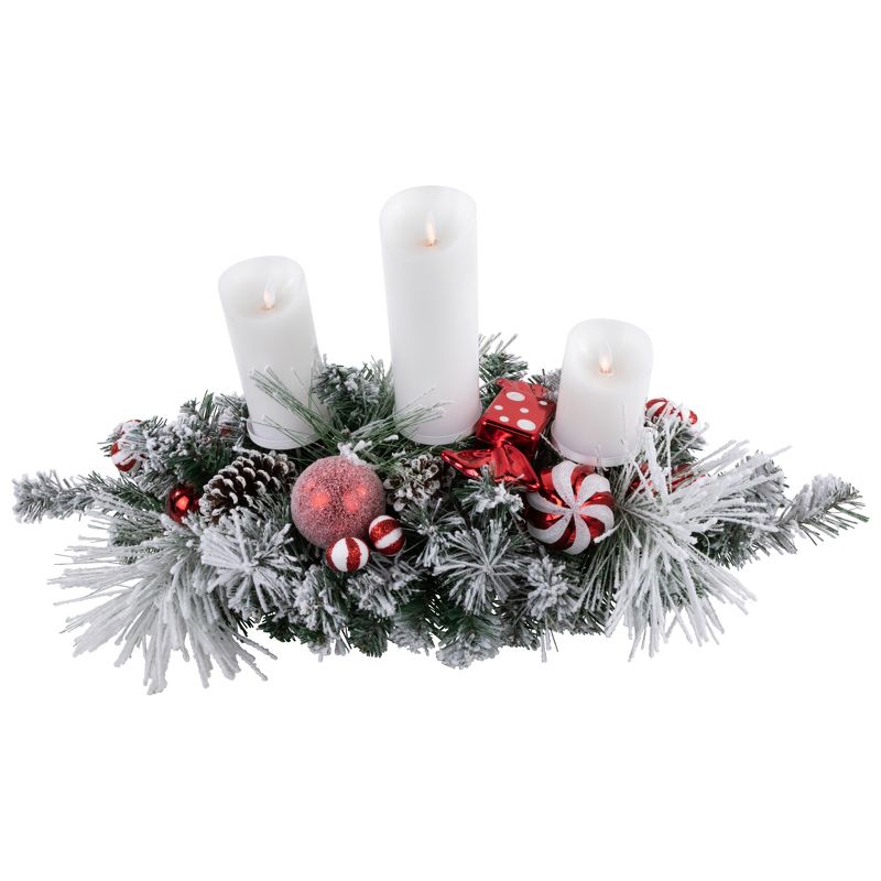 Northlight 32" Red and White Triple Candle Holder with Flocked Pine and Christmas Ornaments, 4 of 7