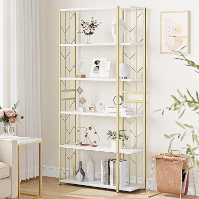 Homhougo Bookshelf, Open Modern Bookcase Shelf Storage Organizer, 5-Tier Bookcase with Metal Frame (White, Gold)