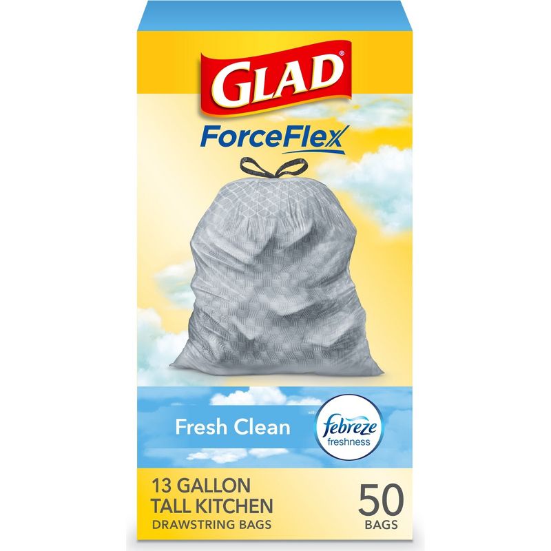 Glad ForceFlex Tall Kitchen Drawstring Trash Bags - Febreze Fresh Clean - 13 Gallon, 1 of 13