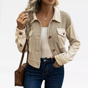 Womens Short Jackets with Pockets Houndstooth Corduroy Jackets Crop Boxy Shackets Corduroy Winter Color Block Coats Textured Outwear - 1 of 4