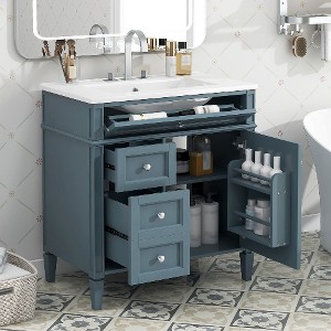 Lyngins Modern Freestanding Vanity with Ceramic Basin, Bathroom Storage Cabinet with 2 Drawers & Tip-out Drawer, Single Sink Bathroom Vanity - 1 of 4