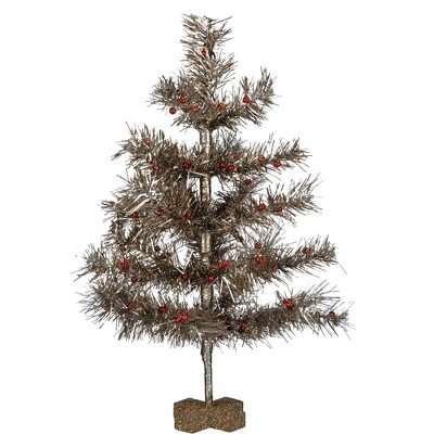 Christmas 19.0" Tree Lg - Silver Tinsel Christmas Red Berries  -  Decorative Figurines