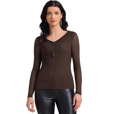 INSPIRE CHIC Women's Semi Sheer Long Sleeve Ruched V Neck Sequin Panel Casual Party Shirt