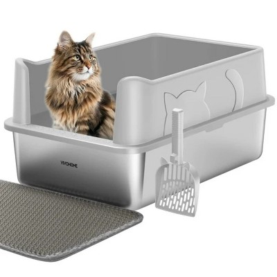 LunaLulinlk Gray Extra Large Stainless Steel Litter Box with Double Litter Mat and Scoop