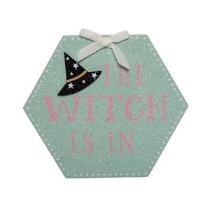 Transpac MDF Glitter Witch Hexagon Block Freestanding Tabletop Sign Halloween Multicolor Indoor Decoration Gift - 1 of 1