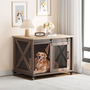 Wooden 37inch Large Dog Crate Kennel Furniture Side End Table with Flip Top and Movable Divider - 1 of 4
