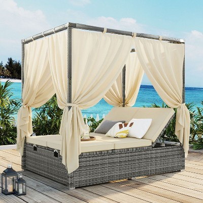Erin PE Rattan Patio Daybed with Curtains, Metal Frame Outdoor Furniture with Adjustable Seat, Tanning Near Me - Maison Boucle