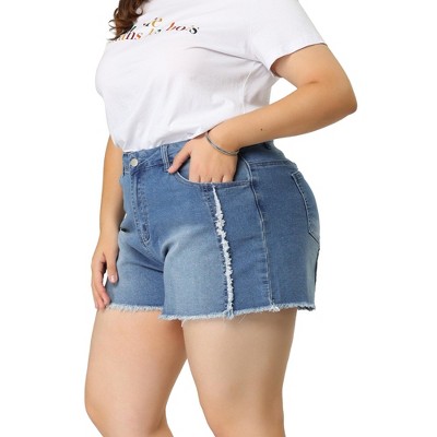 Agnes Orinda Women's Plus Size Jean Short Frayed Trim Stretched Distressed  Denim Shorts Light Blue 4X