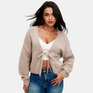 Knit & Lounge Women’s Tie Front Long Sleeve Knit Cardigan Cropped Relaxed Fit - 1 of 4