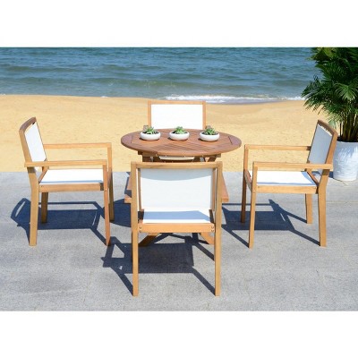 Chante Light Wood Round Outdoor Dining Set with Cream Upholstery