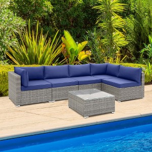 Costway 6 PCS Patio Conversation Sofa Set Outdoor Rattan Furniture Cushioned Seat Navy - 1 of 4