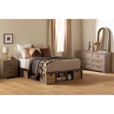 Weathered Oak Queen Storage Bed with Wicker Baskets