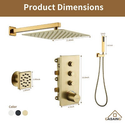 Brushed Gold Wall Mounted Thermostatic Shower System with Body Jets