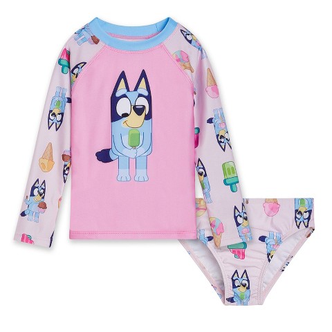 Bluey Little Girls UPF 50+ Rash Guard and Bikini Bottom Pink 5-6