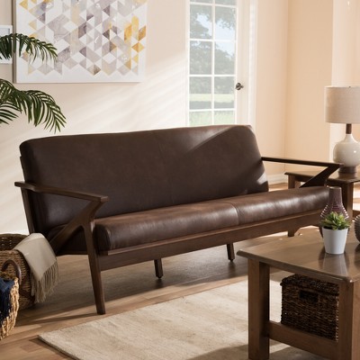 Walnut Wood Dark Brown Faux Leather 3-Seater Sofa