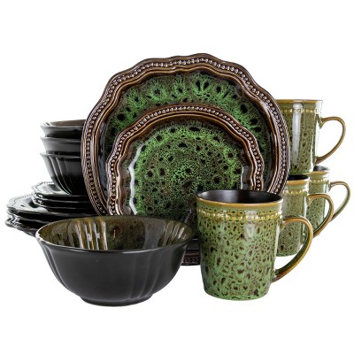 16pc Stoneware Jade Waves Dinnerware Set Green - Elama