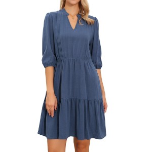 INSPIRE CHIC Women's Summer V Neck Half Sleeve Elastic Waist Flowly Swing A Line Beach Dress - 1 of 4