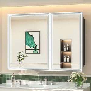 Keonjinn 40 in. W x 30 in. H Metal Framed Silver Rectangular Framed Recessed/Surface Mount Medicine Cabinet with Mirror,Silver - 1 of 4