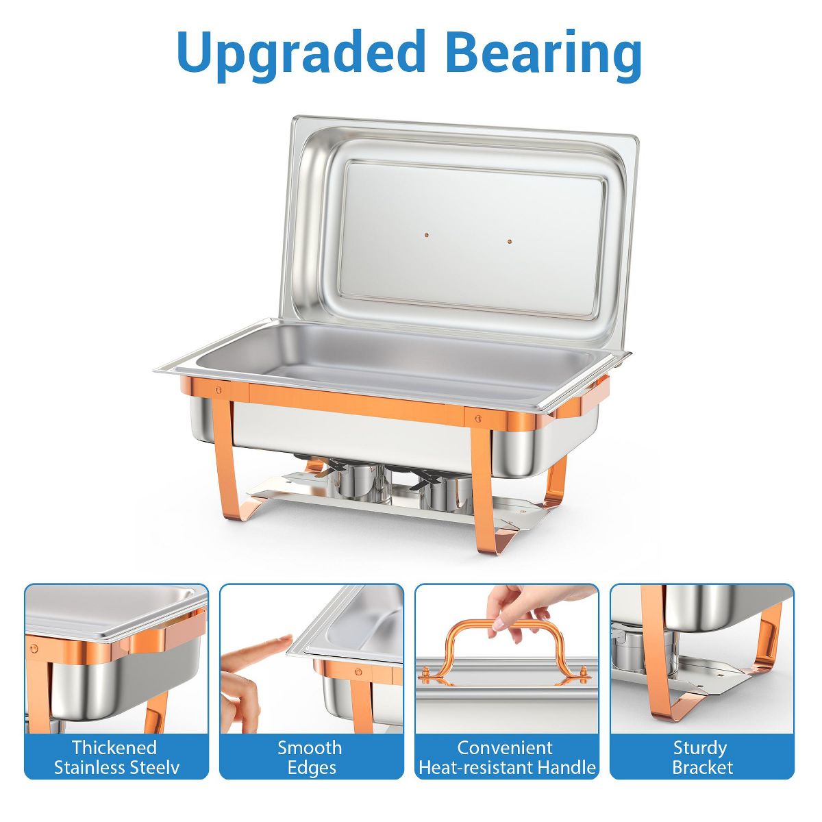 5QT/8QT Stainless Steel Chafing Dish, 2pcs Rose Gold Rectangular/Round Buffet Food Warmers, Ideal for Catering, Weddings, Parties - thumbnail 6