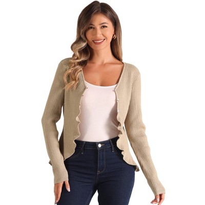 Allegra K Women's Long Sleeve Buttons Stretchy Ruffle V Neck Sweater Cardigan