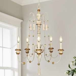 LNC Andromeda French Country/Cottage Candle Tiered Chandelier,Distressed White Wood and Antique Gold - 1 of 4