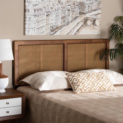 Gilbert Mid-Century Walnut Wood and Rattan Full Headboard