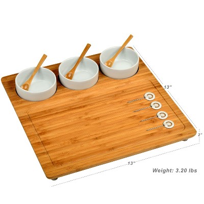 Elegant Bamboo and Ceramic 3-Bowl Serving Set with Cheese Markers