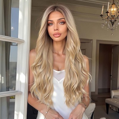 Jessie's Wig 26 Inch Long Wavy Wig Synthetic Hair 13x3.5 Lace Ombre Golden Blonde With Grey Roots 1 Pc/Pack