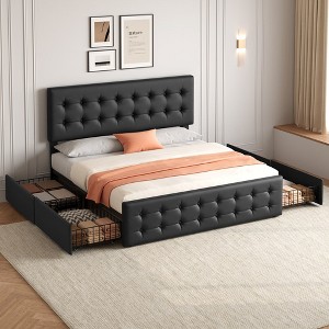 Bed Frame with Adjustable Headboard and 4 Storage Drawers, Upholstered Platform Bed Frame, No Box Spring Needed, Noise Free, Easy Assembly - 1 of 4