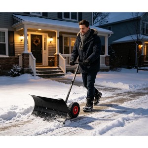 36 Inch Heavy Duty Metal Snow Pusher Shovel with Wheels, Adjustable ...