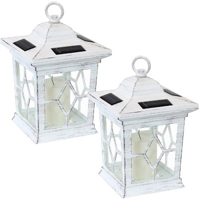 Sunnydaze Outdoor Lucien Hanging Tabletop Solar LED Rustic Farmhouse Decorative Candle Lantern - 9" - White - 2pk