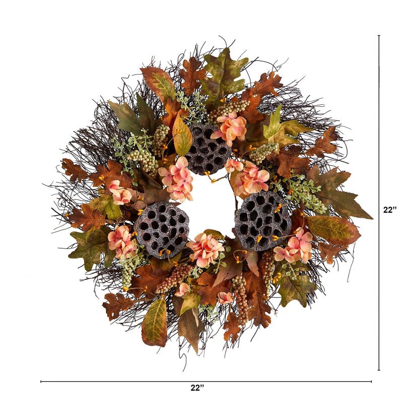 Nearly Natural 22” Autumn Hydrangea, Dried Lotus Pod Artificial Fall Wreath, 3 of 5