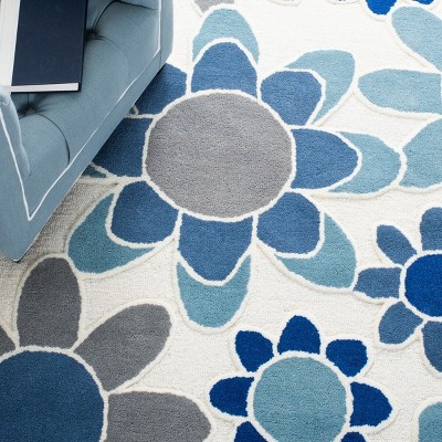 Ivory and Blue Hand-Tufted Wool Kids Square Rug