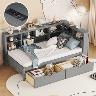 NicBex Twin/Full Size Daybed with 2 Drawers,Wood Day Bed Frame with Storage Shelves and USB Charging Ports