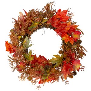 Northlight 24" Fall Harvest Maple Leaf with Berries Artificial Wreath; Unlit - 1 of 3