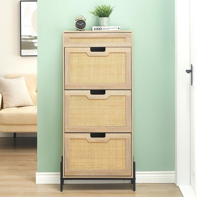 Rattan 3-Door Shoe Cabinet w/Drawer - Adjustable 3-Tier Shelves for Sneakers/Heels/Boots - Entryway Storage