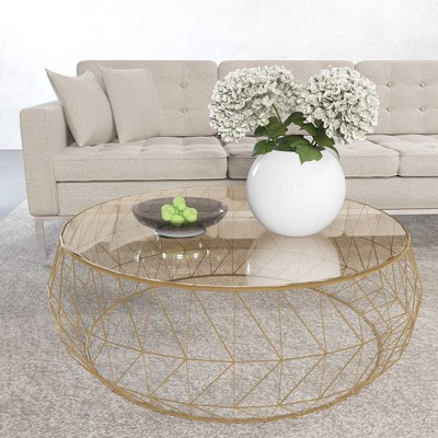 Modern Malibu 35" Round Glass Coffee Table with Geometric Gold Base